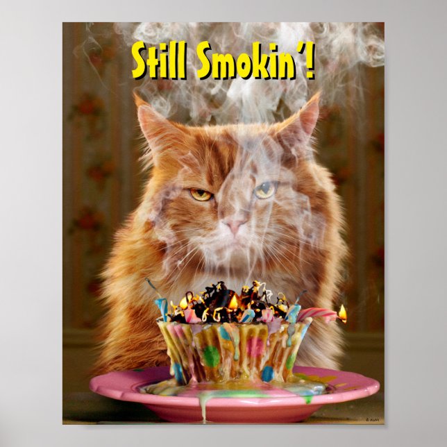 Affiche Chat Cranky Drôle Avec Cupcake D'Anniversaire Fond (Devant)