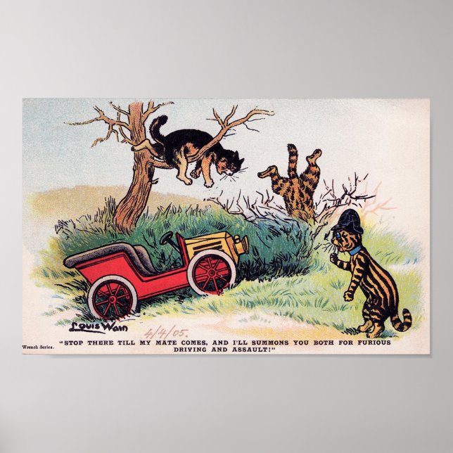 Affiche Chat Crash de voiture, Louis Wain (Devant)