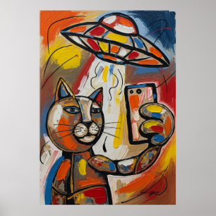Affiche Chat Cubiste Coloré Abstrait UFO Chat