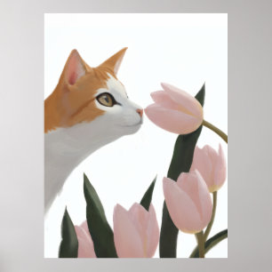 Affiche Chat Curieux Floral de Printemps