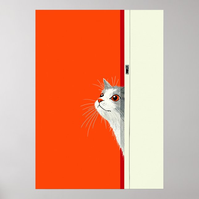 Affiche Chat curieux regardant à travers la porte (Devant)