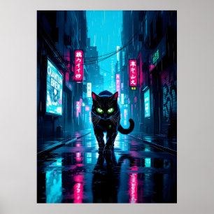 Affiche Chat Cyberpunk Noir Dans Une Ville Pluvieuse Néon