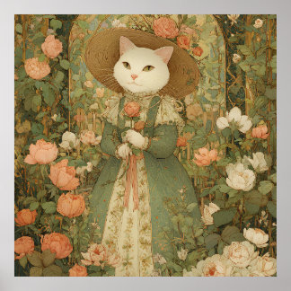 Affiche Chat - Dame victorienne aux chats en bois de rose