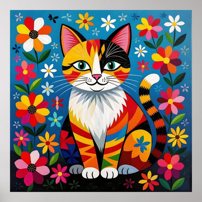 Affiche Chat d'art folklorique boho, fleurs et papillon   (Devant)