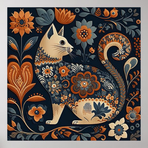 Affiche Chat d'art populaire avec des fleurs orange et ble