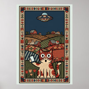 Affiche Chat d'art populaire avec UFO dans la campagne cap