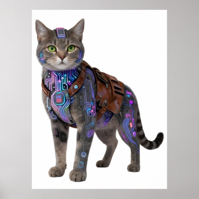 Affiche Chat de circuit cyberpunk – Bête de technologie né (Devant)