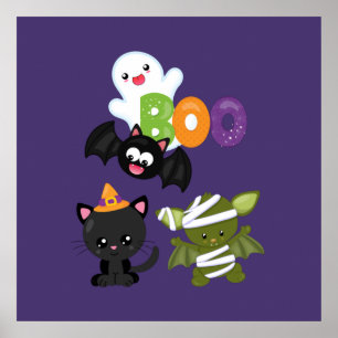 Affiche Chat de Cute Halloween, bat, mummy et ghost