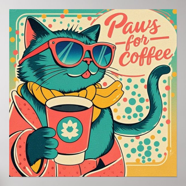 Affiche Chat de dessin animé de style rétro portant des lu (Devant)