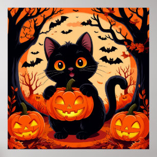 Affiche Chat de dessin animé et citrouilles sous la pleine