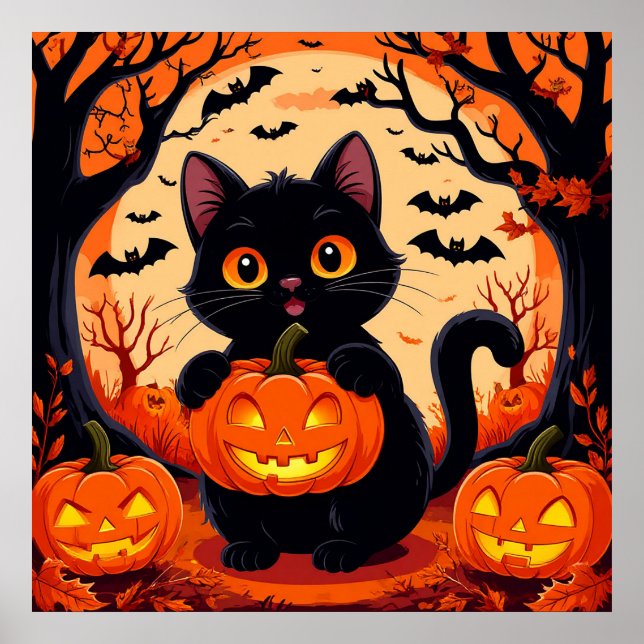 Affiche Chat de dessin animé et citrouilles sous la pleine (Devant)