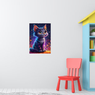 Affiche Chat de Dessin Animé Mignon Ciel Étoilé Nuit Rêveu