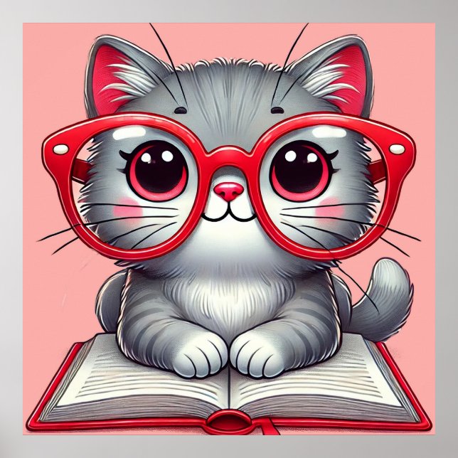 Affiche Chat de dessin animé mignon portant des lunettes (Devant)