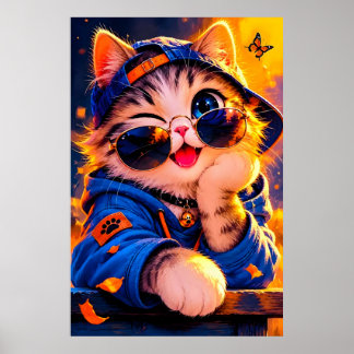 Affiche Chat de dessin animé mignon portant des lunettes d