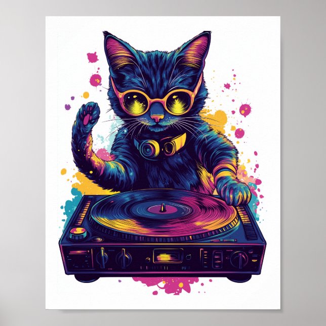 Affiche Chat de DJ funky � Fête Kitty Disco Rétro (Devant)
