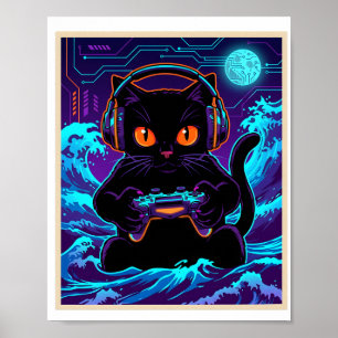 Affiche Chat de gamer drôle Neon Cyber Nuit de jeu Rétro A