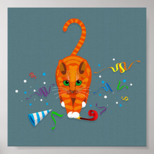 Affiche Chat de gingembre jouant avec des objets de fête a