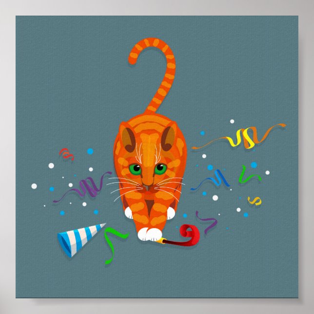 Affiche Chat de gingembre jouant avec des objets de fête a (Devant)
