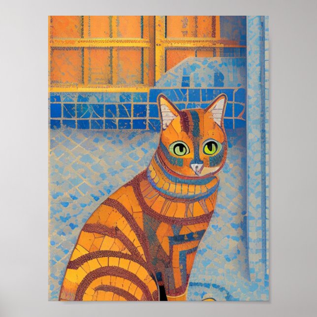 Affiche Chat de gingembre rayé marocain mosaïque voix chic (Devant)