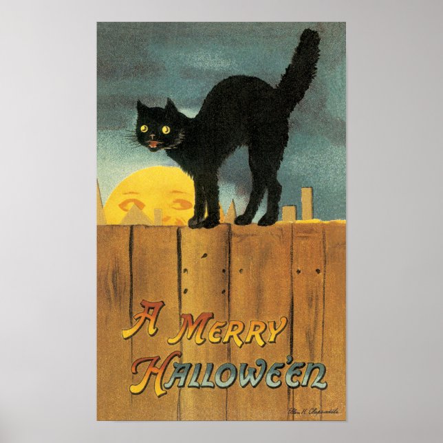 Affiche Chat de Halloween joyeux vintage par Ellen Clapsad (Devant)