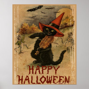 Affiche Chat de Halloween vintage avec violon