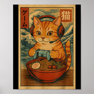 Affiche Chat de jeu vidéo Ramen rétro japonais Kawaii Anim