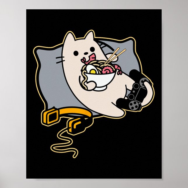 Affiche Chat de joueur nerd mangeant du Ramen jeu en pause (Devant)
