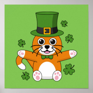 Affiche Chat de la Saint Patrick avec dessin Shamrock