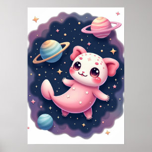 Affiche Chat de l'espace axolotl galactique Kawaii Autocol