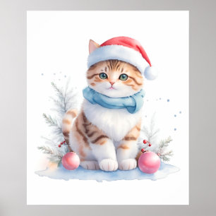 Affiche Chat De Noël À L'Aquarelle Mignonne À Santa Hat