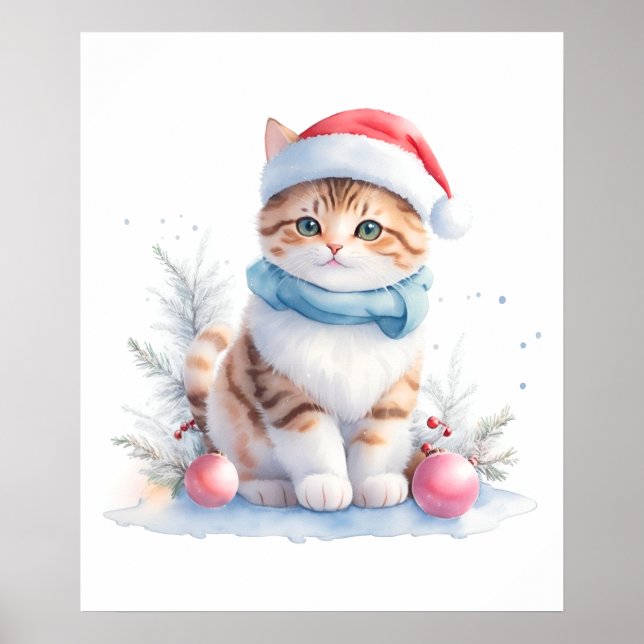 Affiche Chat De Noël À L'Aquarelle Mignonne À Santa Hat (Devant)