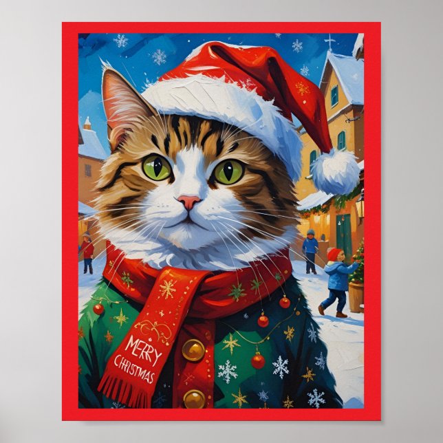 Affiche Chat de Noël à Santa Hat (Devant)