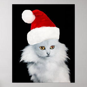 AFFICHE CHAT DE NOËL BLANC AVEC CHAPEAU DE PÈRE NOËL