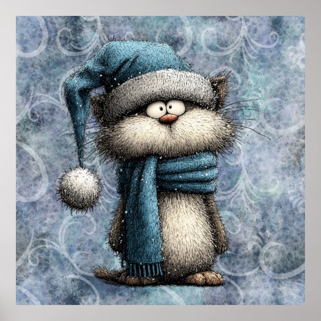 Affiche Chat de Noël bleu d'hiver avec chapeau et écharpe (Devant)