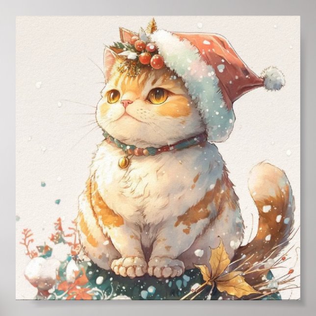 Affiche Chat de Noël casquette rouge (Devant)