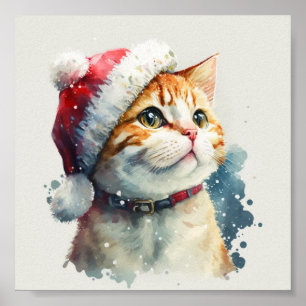 Affiche Chat de Noël casquette rouge