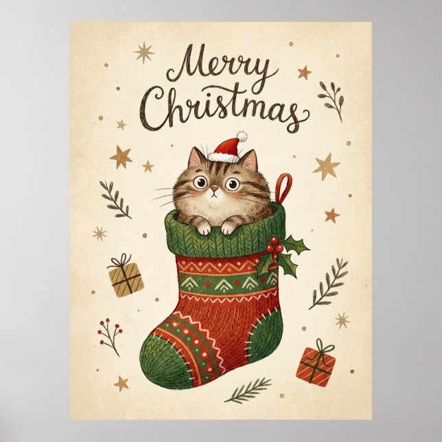 Affiche Chat de Noël dans une chaussette (Devant)