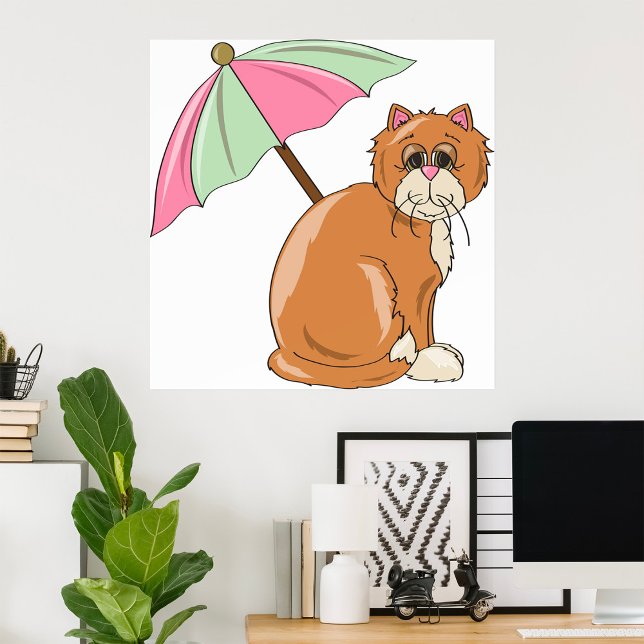 Affiche Chat de plage avec parapluie rose et vert (Créateur téléchargé)