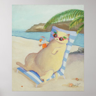 Affiche Chat de plage en vacances sous l'arbre à palmes dé