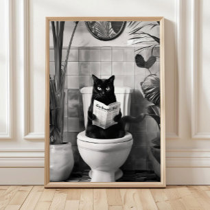 Affiche Chat de salle de bain lisant sur les toilettes Noi