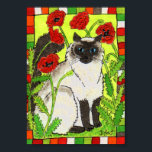 Affiche Chat de Siamese avec Poppies Orientales Art folklo<br><div class="desc">Décorez vos murs avec style grâce à cette petite affiche d'art populaire unique et colorée. Dans cette oeuvre d'art grandiose et fantaisiste, ce beau chaton siamois aux cheveux longs est assis dans un champ de magnifiques pavots orientaux rouges. Toute la scène est entourée d'une bordure assortie.</div>