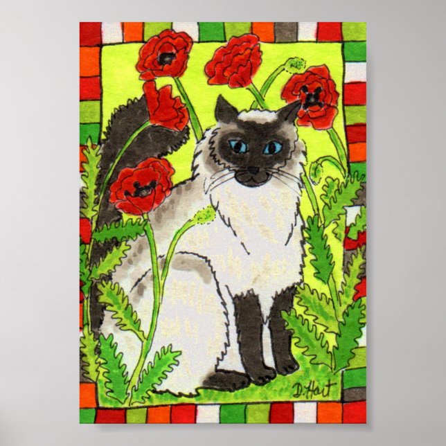 Affiche Chat de Siamese avec Poppies Orientales Art folklo (Devant)