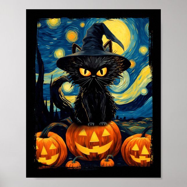 Affiche Chat de sorcière Starry Nuit Van Gogh Retro Hallow (Devant)