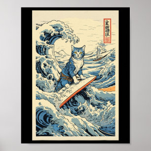 Affiche Chat de surf Hokusai Grande vague au large de Kana