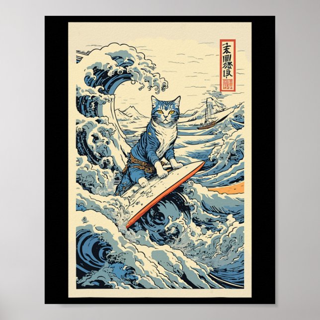 Affiche Chat de surf Hokusai Grande vague au large de Kana (Devant)
