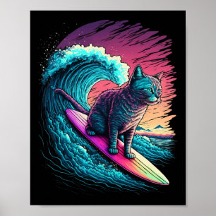 Affiche Chat de surf rétro synthwave Vaporwave des années 