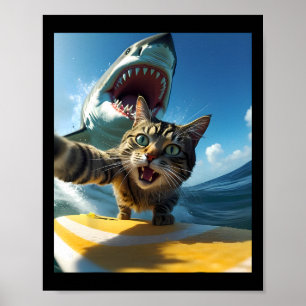 Affiche Chat de surf vintage selfie avec poisson mème drôl