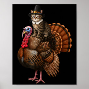Affiche Chat de Thanksgiving drôle sur la dinde, chapeau L