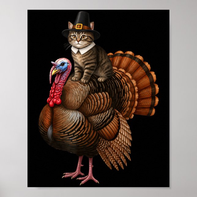 Affiche Chat de Thanksgiving drôle sur la dinde, chapeau L (Devant)