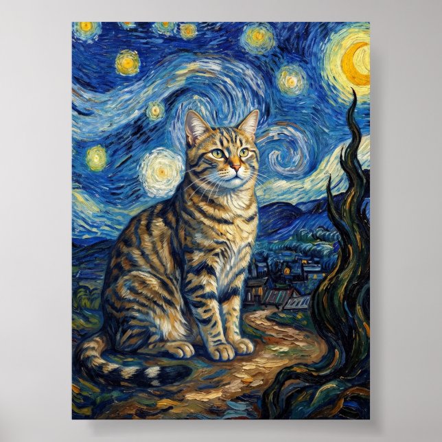 Affiche Chat de Van Gogh Nuit Étoilée Art Impressionniste (Devant)